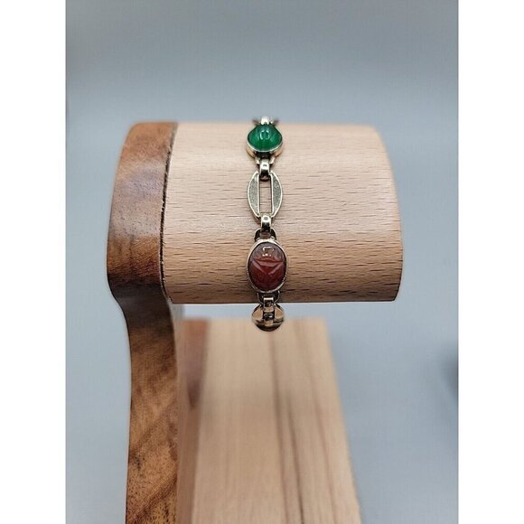 14k W. E. Richards Co. Symmetalic Sterling & Scarab Bracelet 6" Gemstones 1940s - Picture 6 of 15